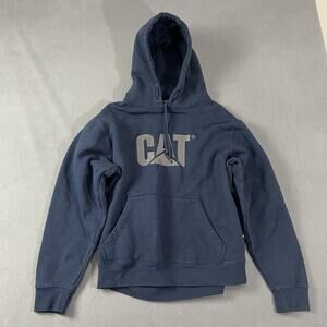 CAT Hoodie Mens Large Blue Caterpillar Pullover Sweatshirt Graphic Workwear